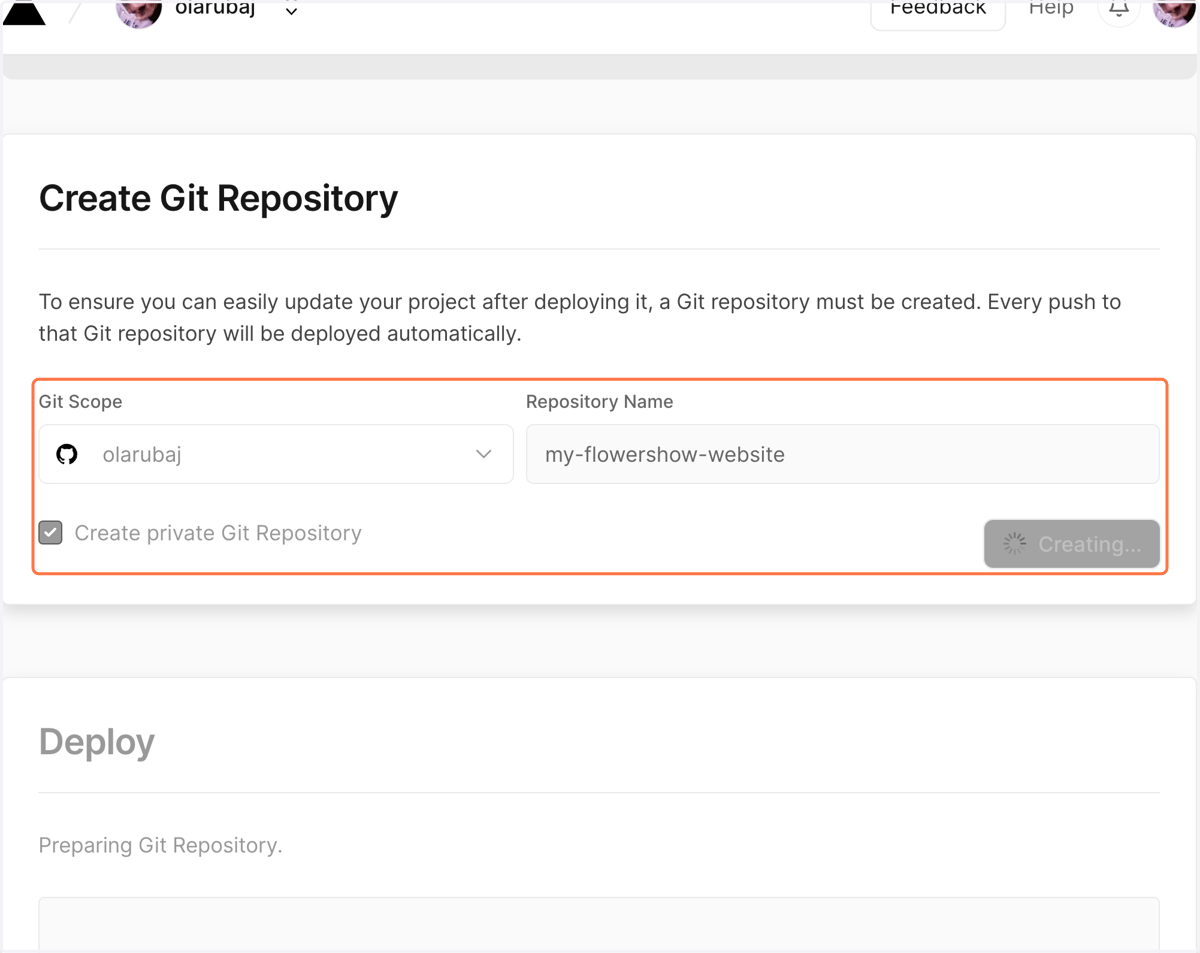 Click on "Create" and wait until the site deploys.