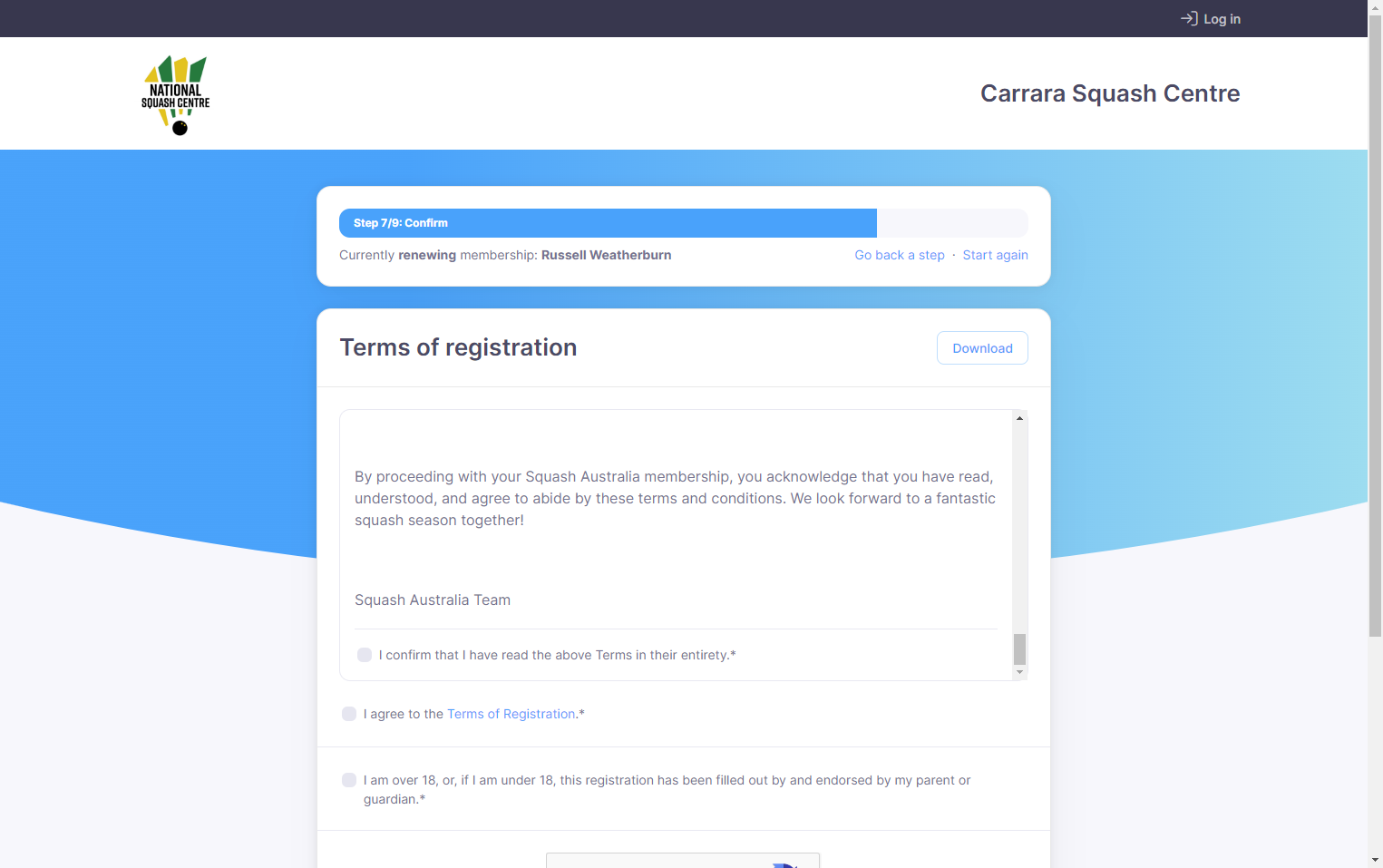 Ensure that you scroll to the bottom of the Terms of registration box to show the confirmation button