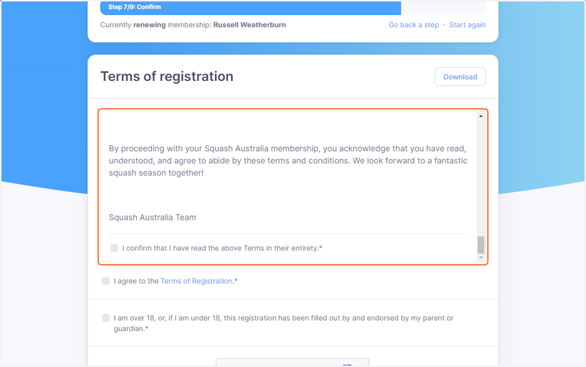 Ensure that you scroll to the bottom of the Terms of registration box to show the confirmation button