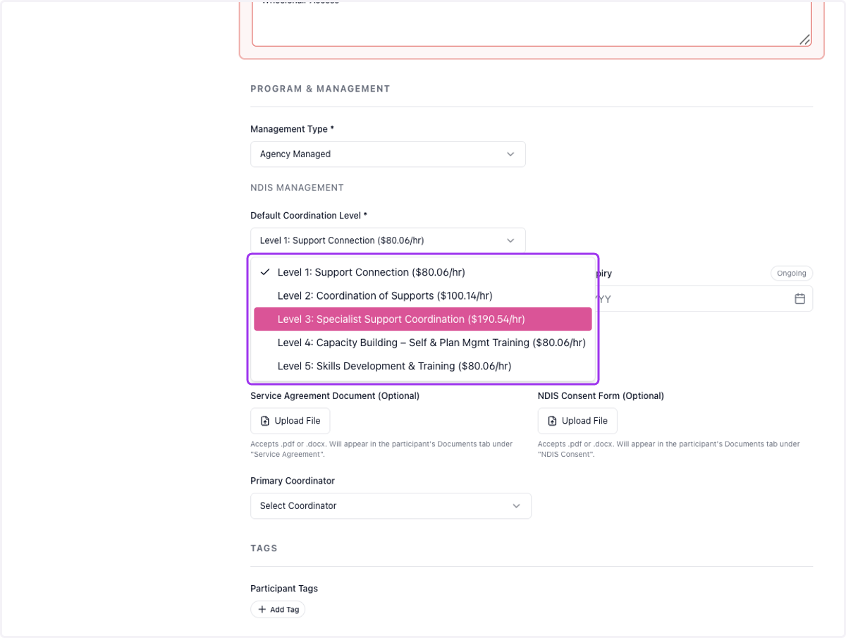Select the Default Coordination Level