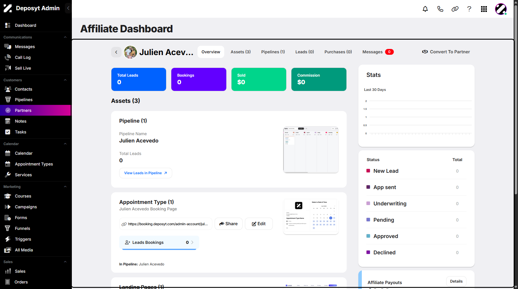 Step 6: You can now view the overview of your selected affiliate. It's a centralized dashboard or section that provides key information about your affiliates, the external individuals who help promote or sell your products/services in exchange for commissions or incentives.
