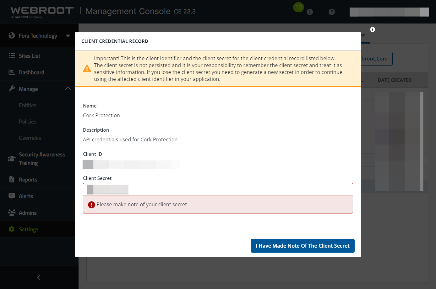 Copy the Client Secret from the Webroot console