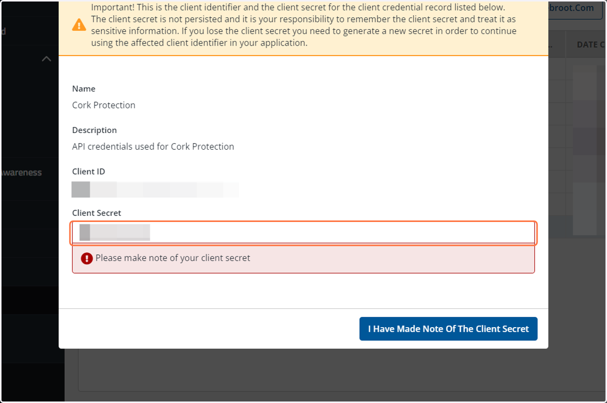 Copy the Client Secret from the Webroot console