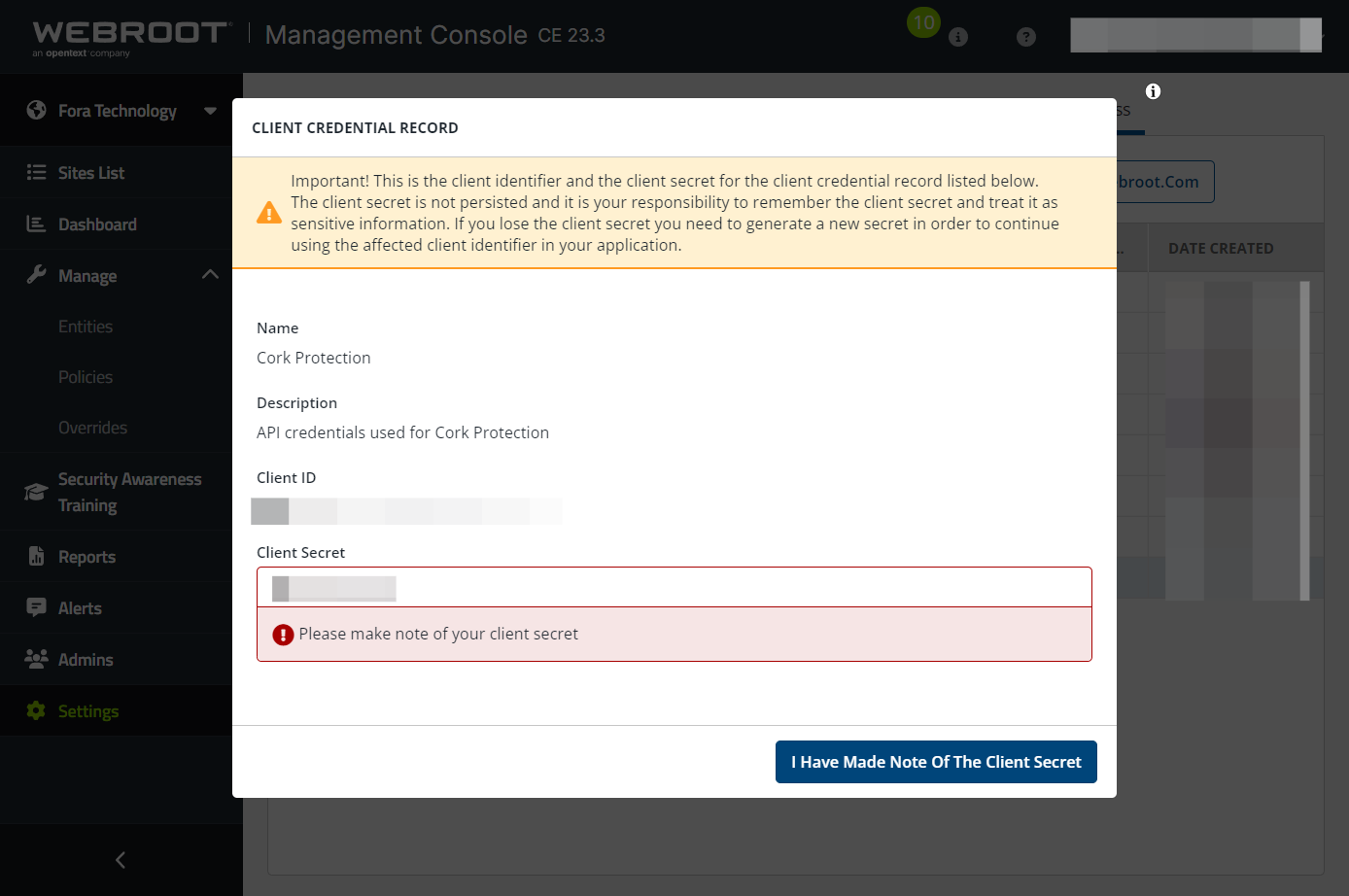Click on I Have Made Note Of The Client Secret