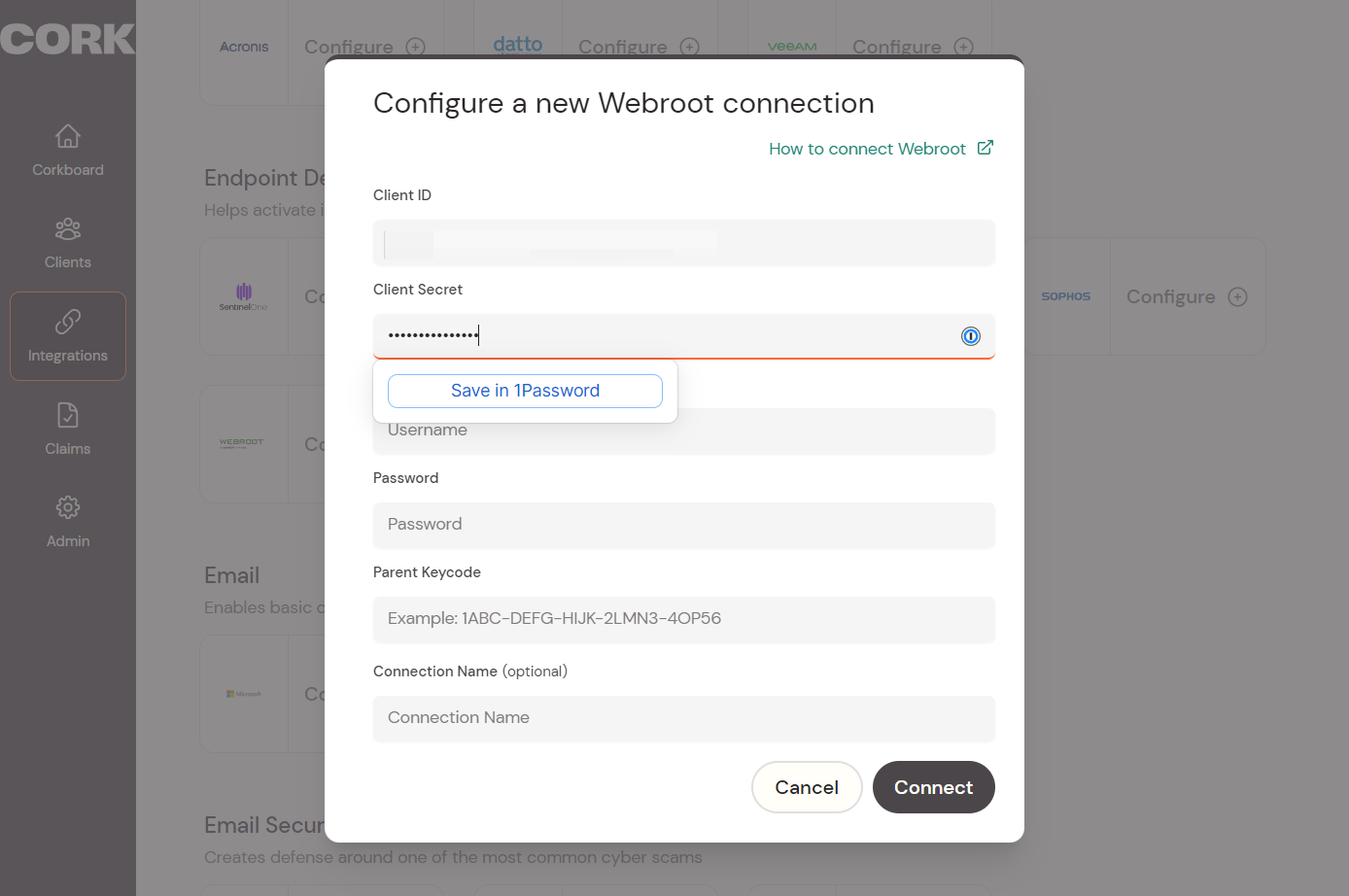 Copy and paste the Client Secret from the Webroot console