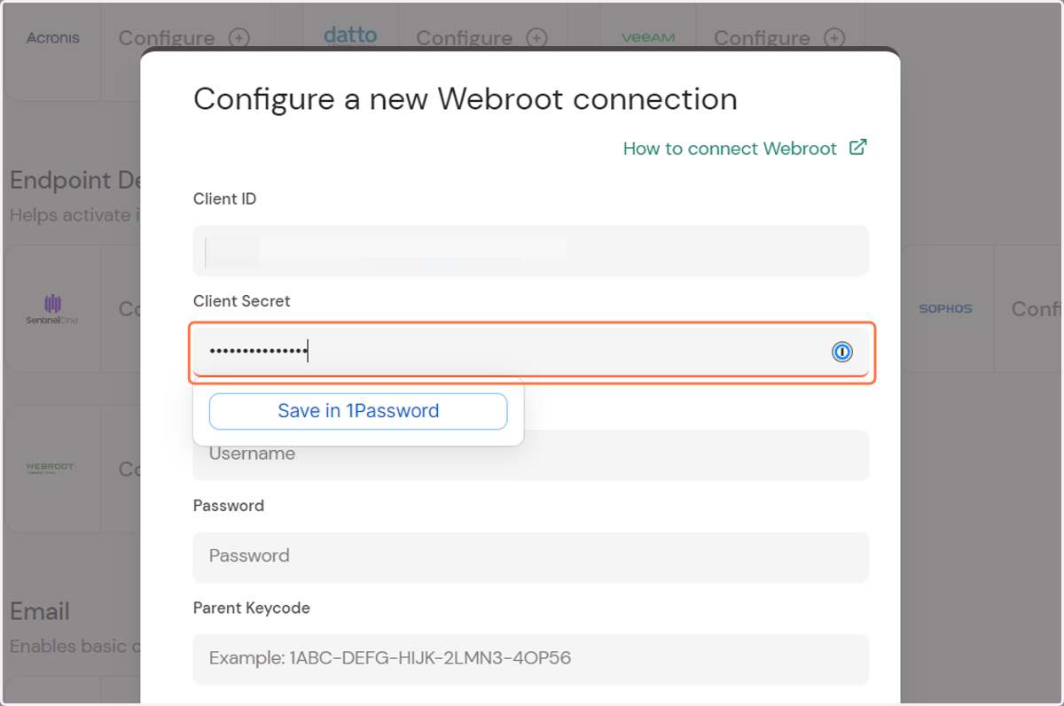 Copy and paste the Client Secret from the Webroot console