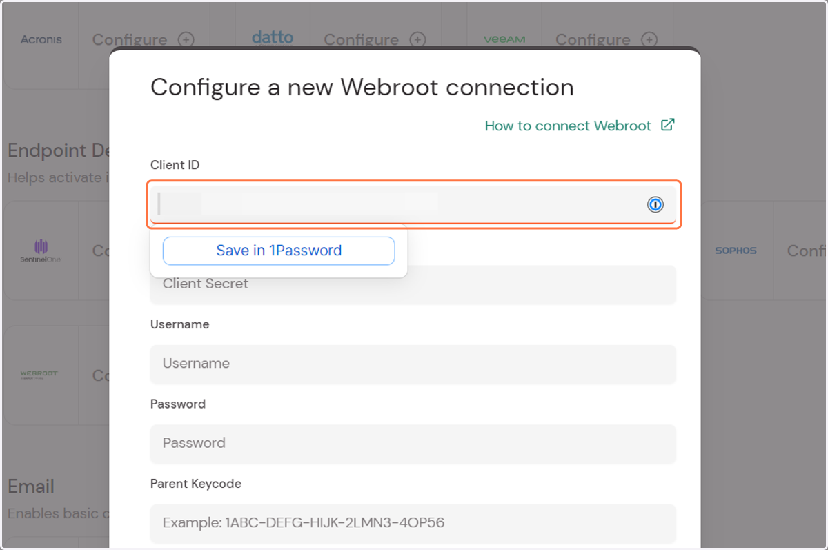 Copy and paste the client ID from the Webroot console
