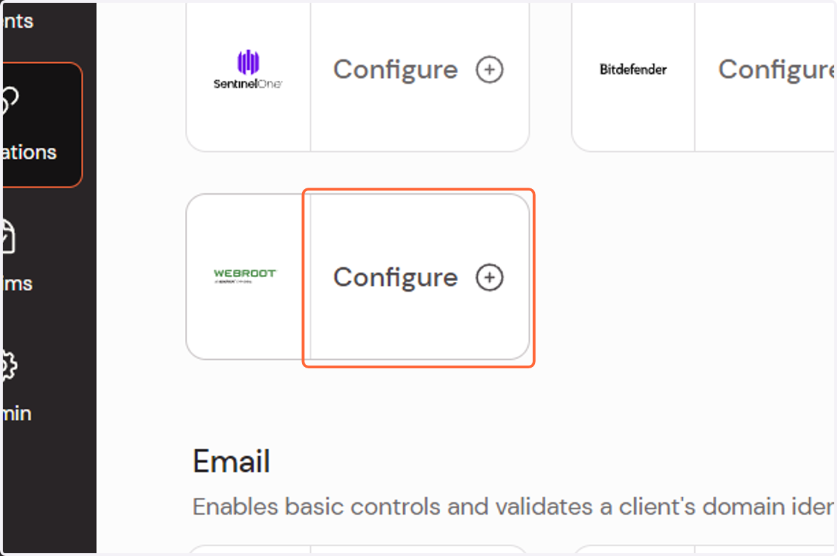 Locate the Webroot connection and click "Configure"