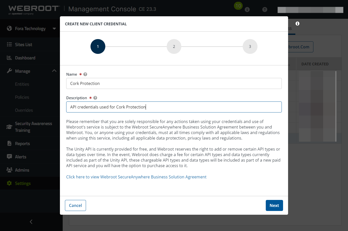 Type "API credentials used for Cork Protection" in the 'Description' field