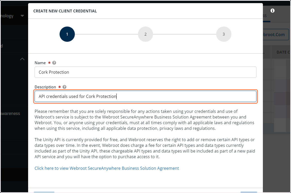 Type "API credentials used for Cork Protection" in the 'Description' field