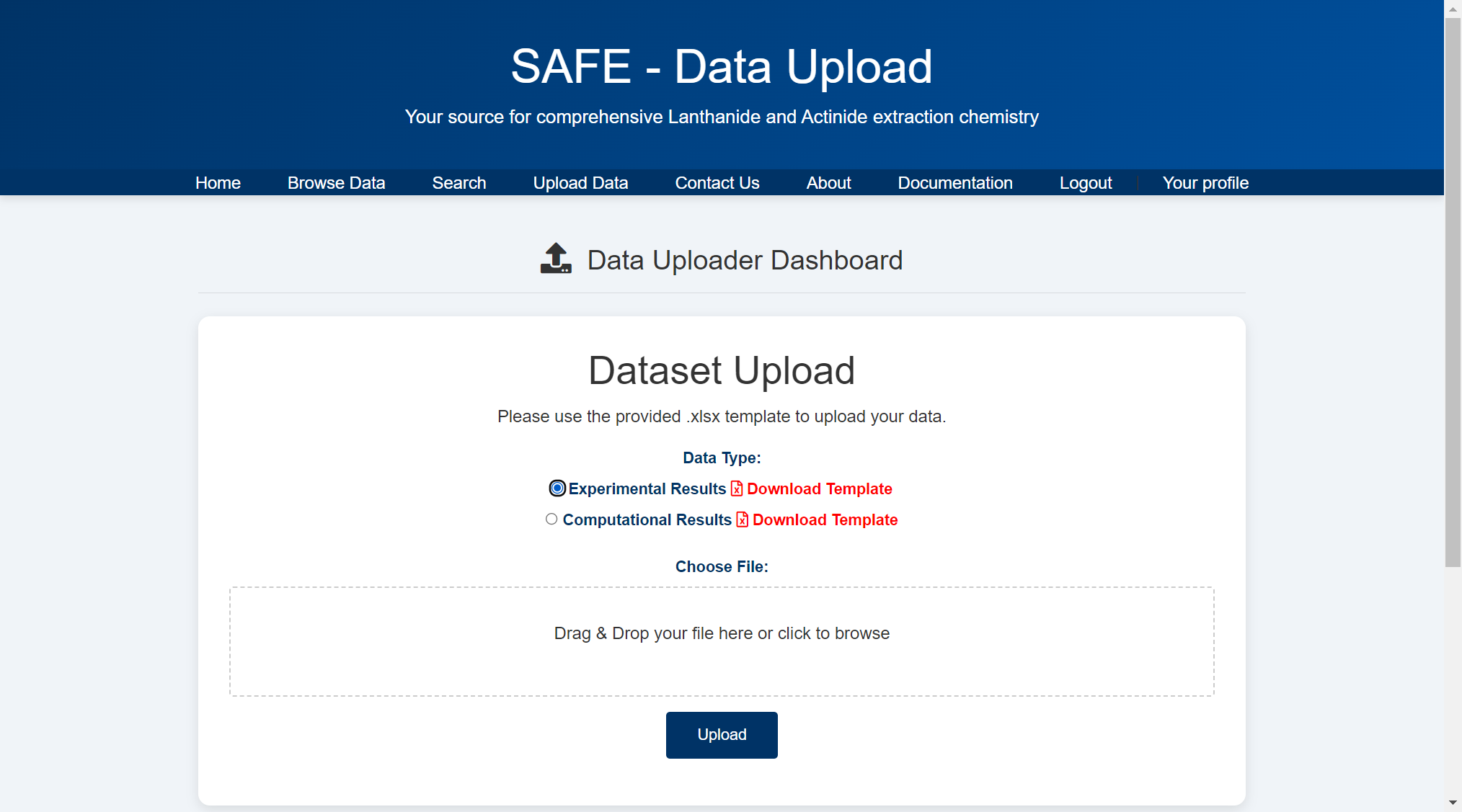 Once your data is prepared, return to the "Upload" tab. Choose your data type such as "Experimental Results" and click the "Upload" button to upload your data for review.