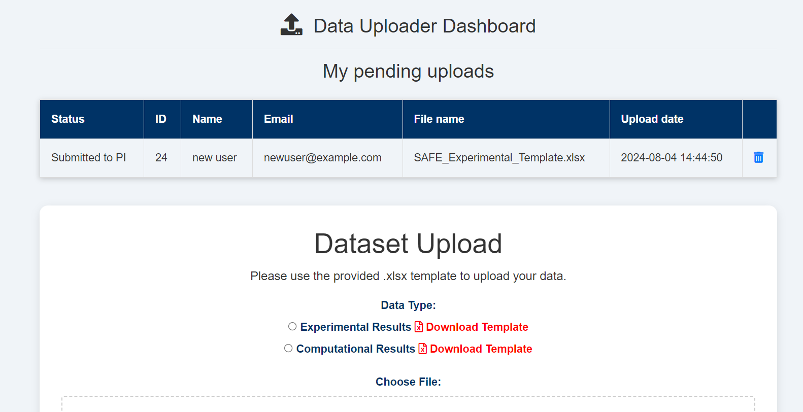 Now you should see your data in the "My pending uploads" table. Your PI and our admin team will review the uploaded data to ensure it meets our quality and formatting standards. You will receive an email notification once your data has been reviewed 