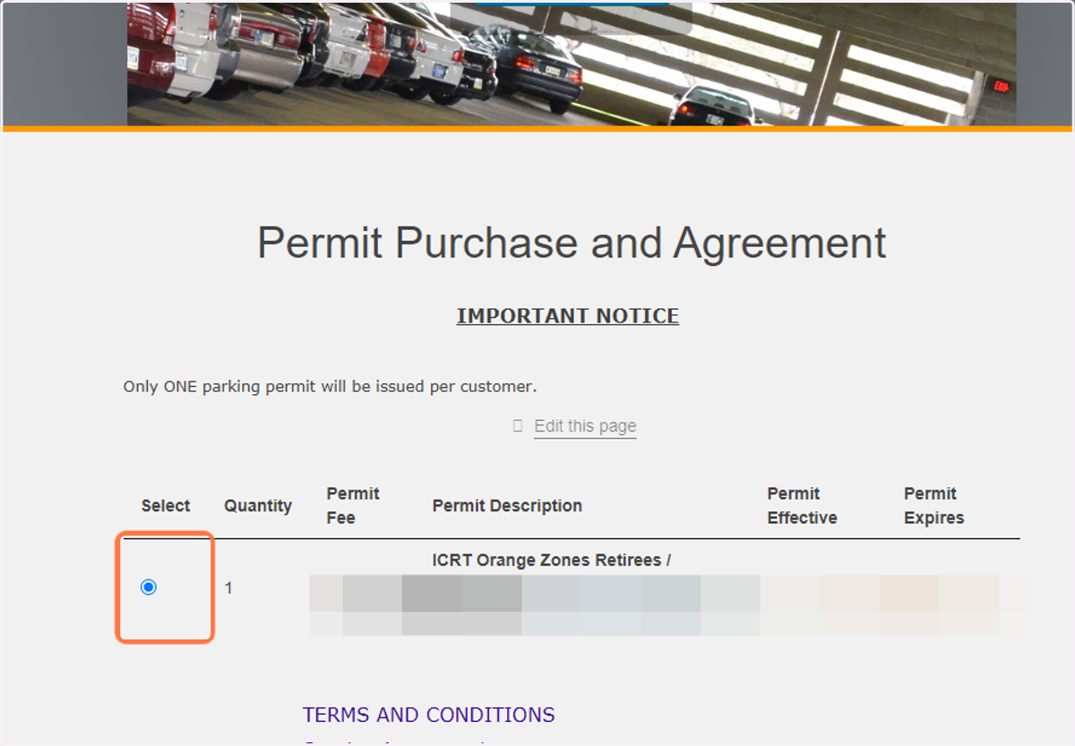 Continue to the Permit Purchase and Agreement page and select the permit you want to purchase
