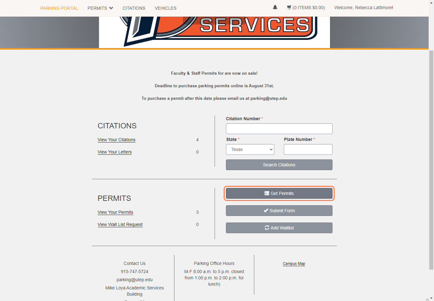 Once you are directed back to the parking portal, click Get Permits