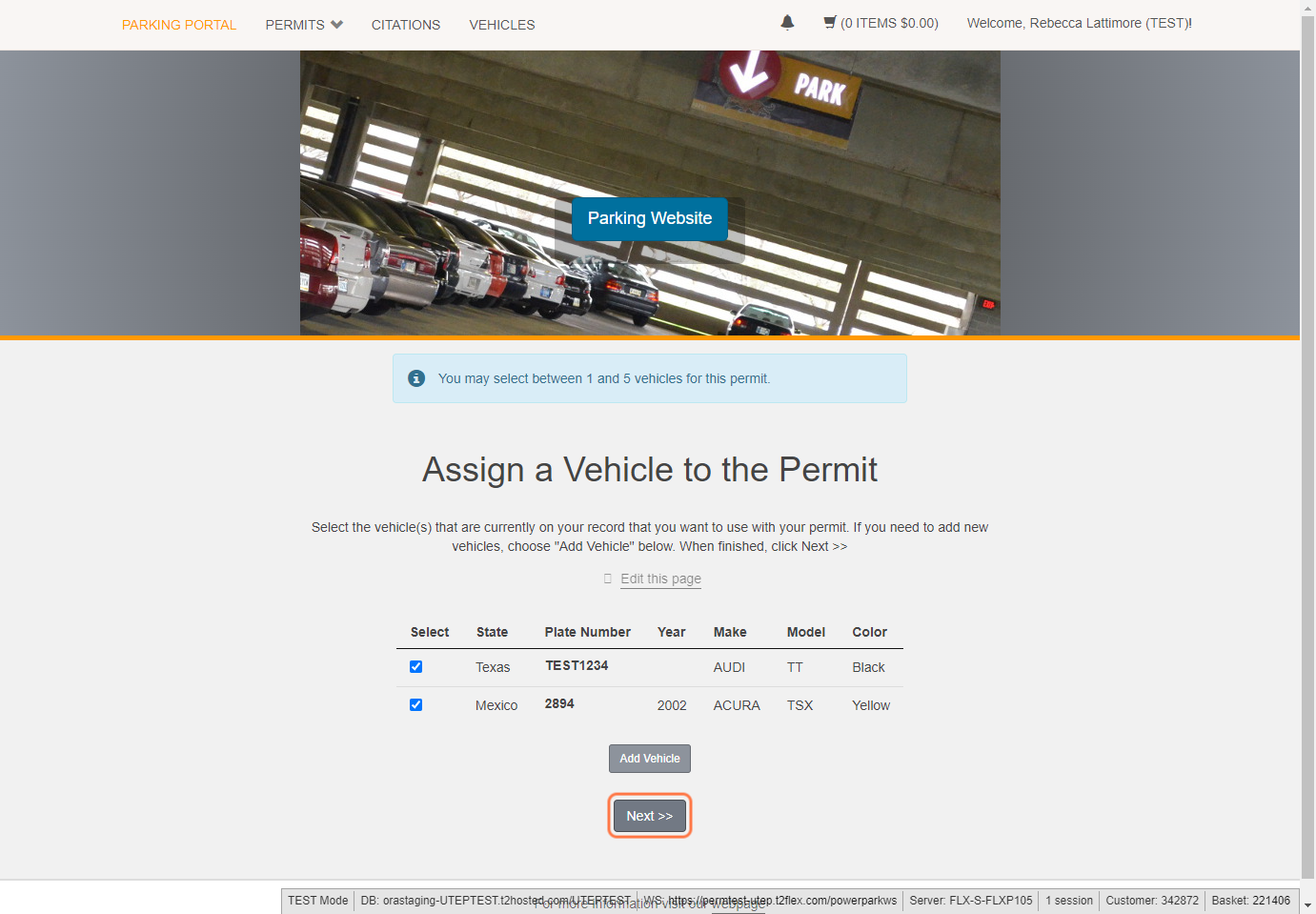 Select the vehicle(s) you will be using the permit with, or click Add Vehicle if it is not listed here.