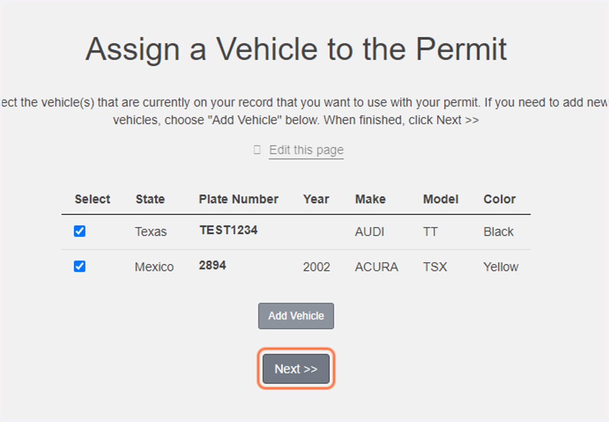 Select the vehicle(s) you will be using the permit with, or click Add Vehicle if it is not listed here.