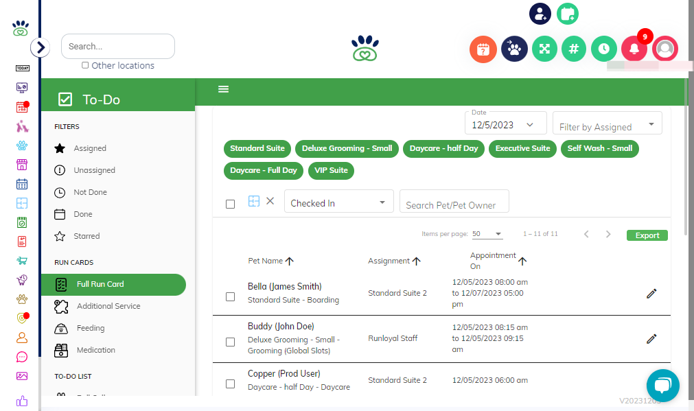 Choose the run card for the appointment you want to add notes to.