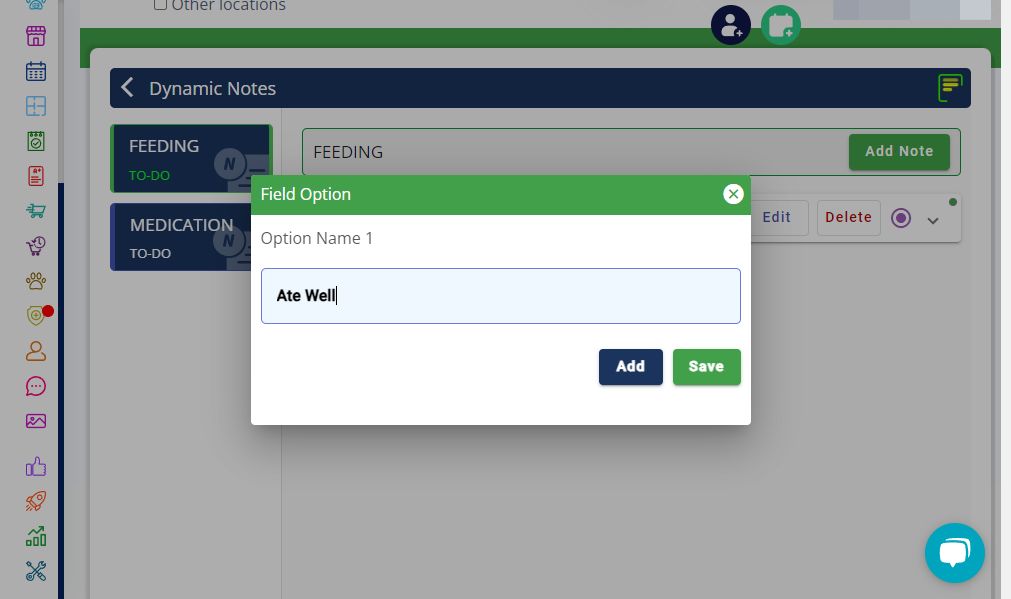 Define specific choices for the note field. For example, under "Feeding," create options like "Ate All," "Ate Some," and "Refused."