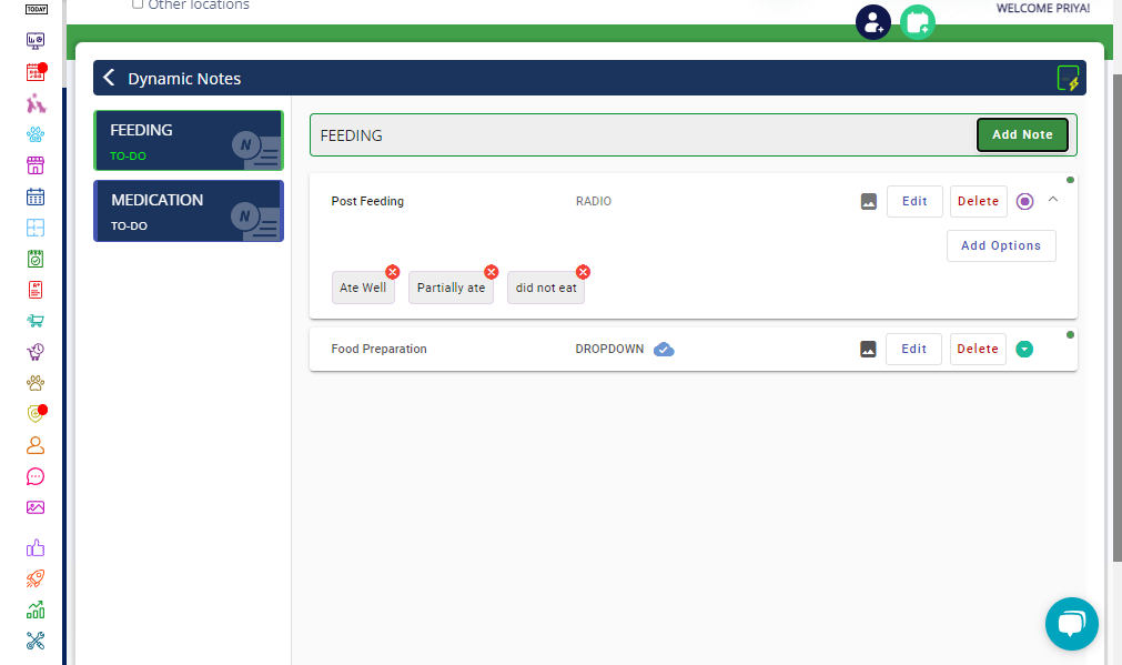 Similar to Feeding, choose the relevant option for Medication notes like 'Administered All', 'Partially Administered', or 'Refused' and click 'Save'."