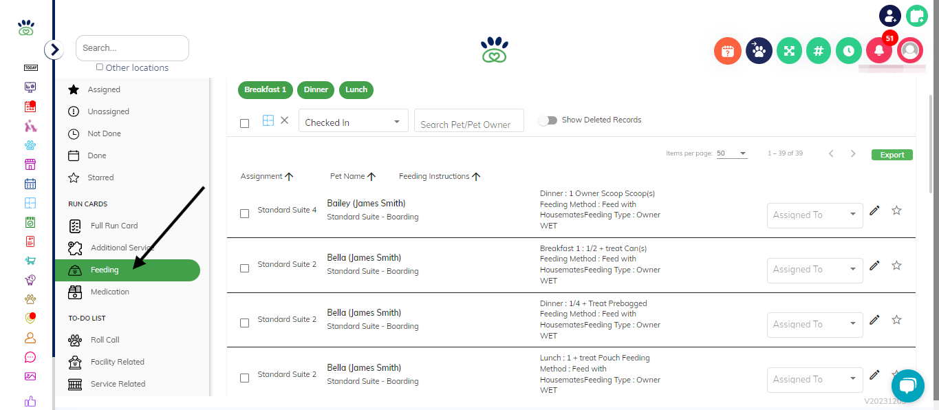 After creating the appointment, navigate to the To-Do menu and click "Feeding"