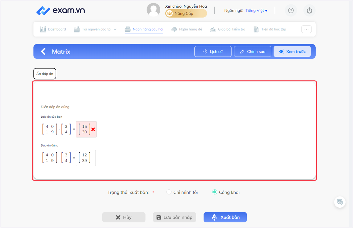 Màn hình hiển thị đáp án