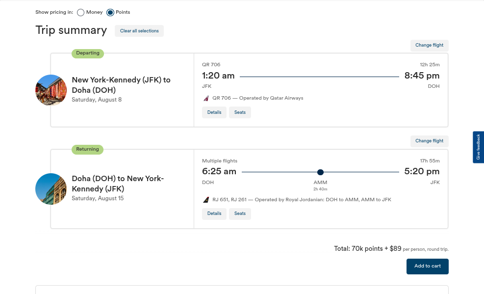 Click on Total: 70k points + $89 per person, round trip.…