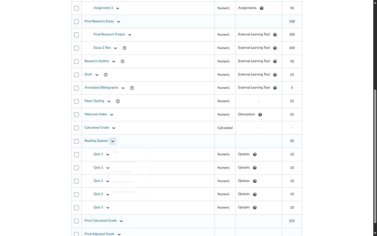 Locate the category you want to drop assignments from and click on the V