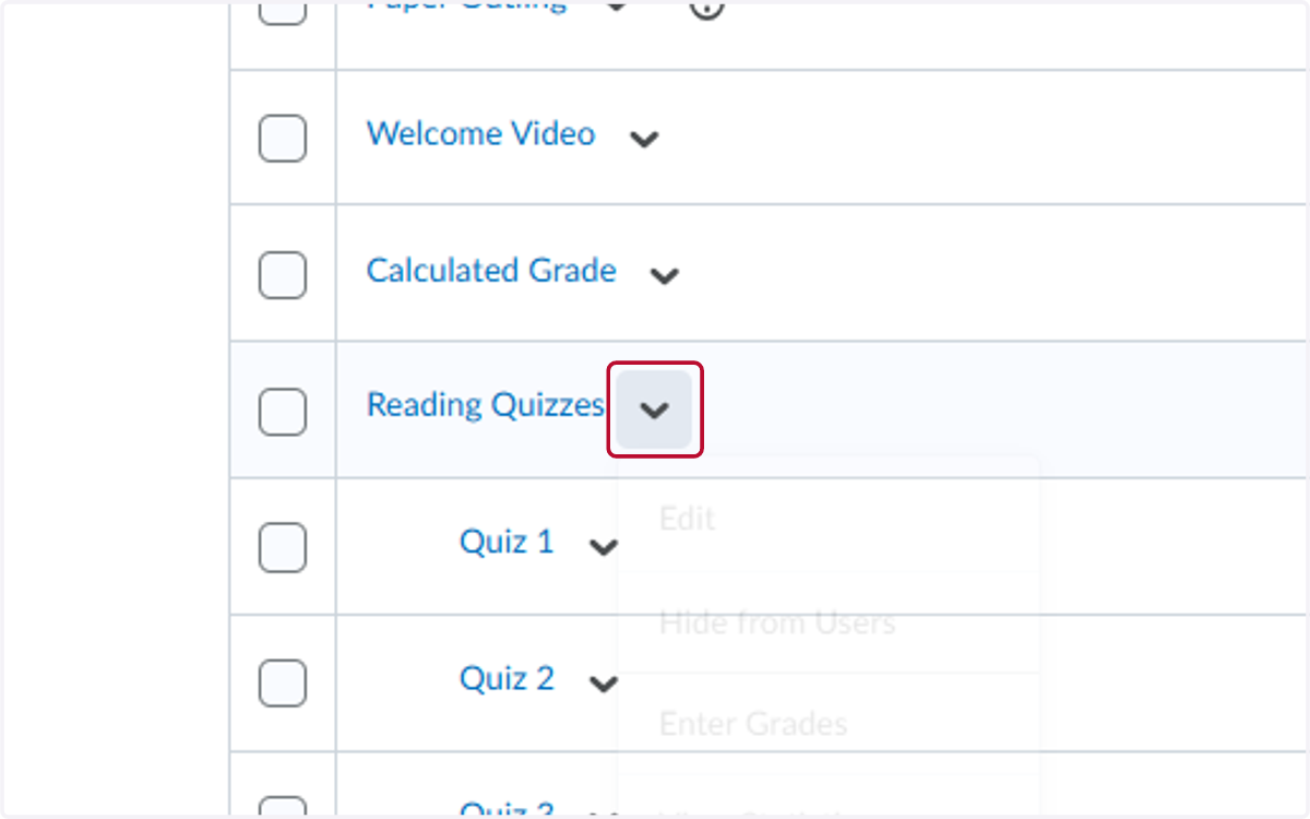 Locate the category you want to drop assignments from and click on the V