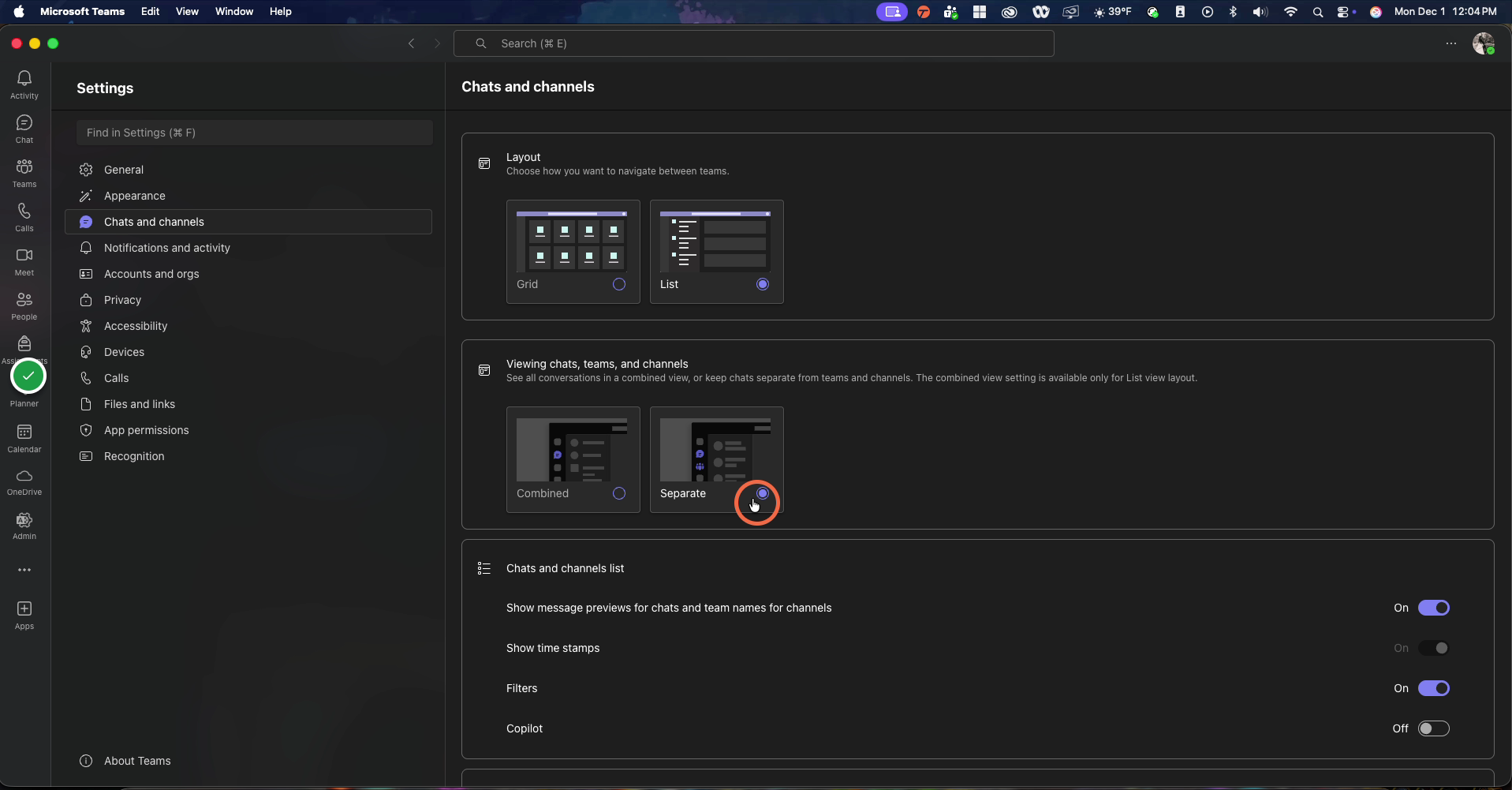 Click on Separate / Combined to choose your preferred interface