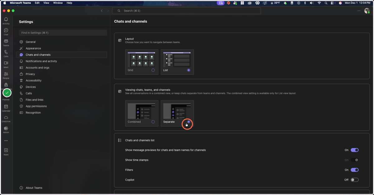 Click on Separate / Combined to choose your preferred interface