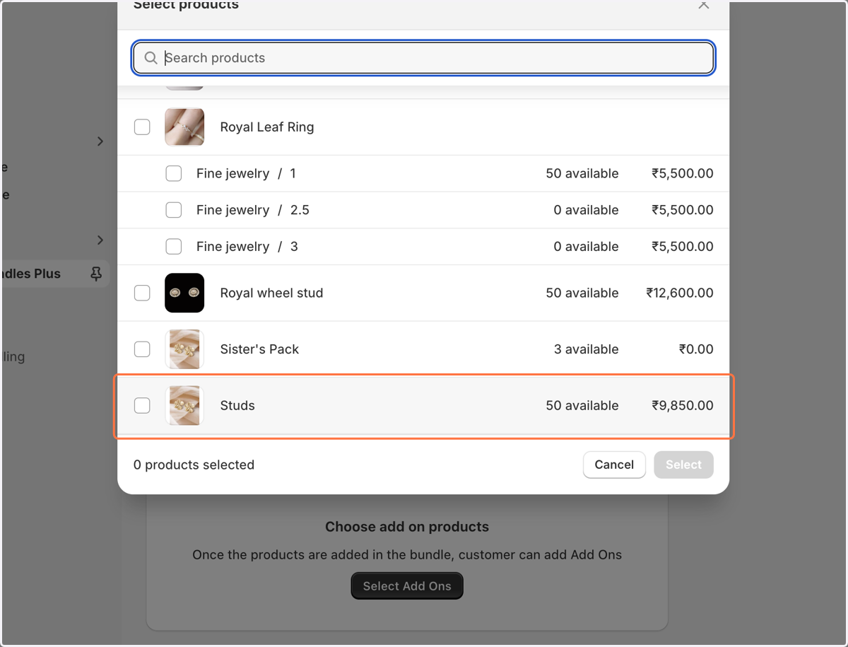 Select products for Add Ons