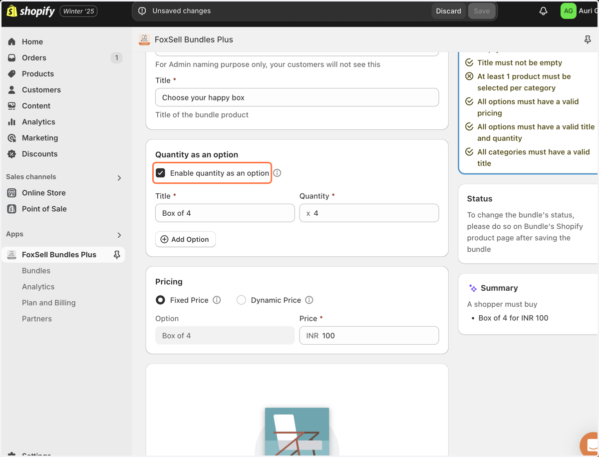 Check Enable quantity as an option