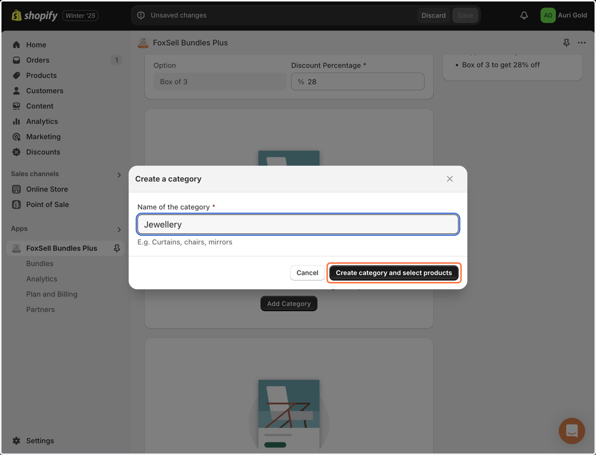 Click on Create category and select products"