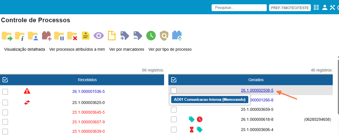 Acessar a tela de Controle de Processos
