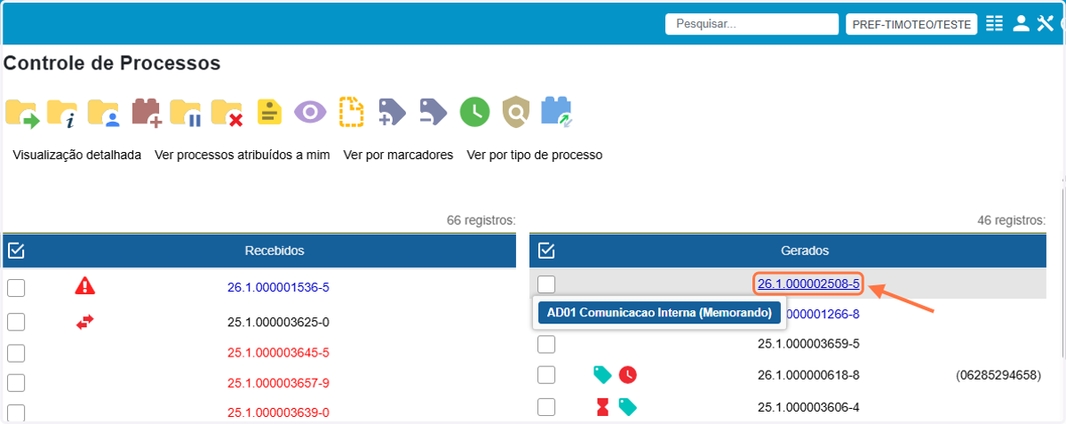 Acessar a tela de Controle de Processos