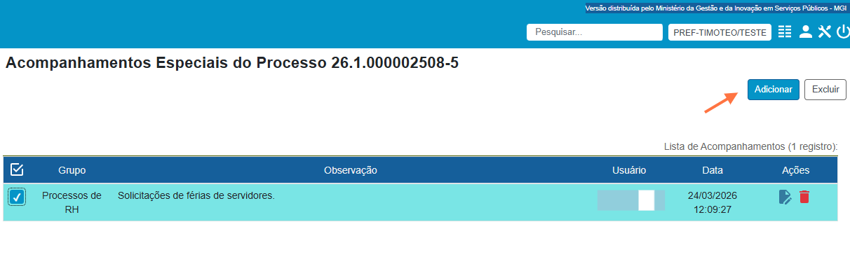 Adicionar o processo ao grupo