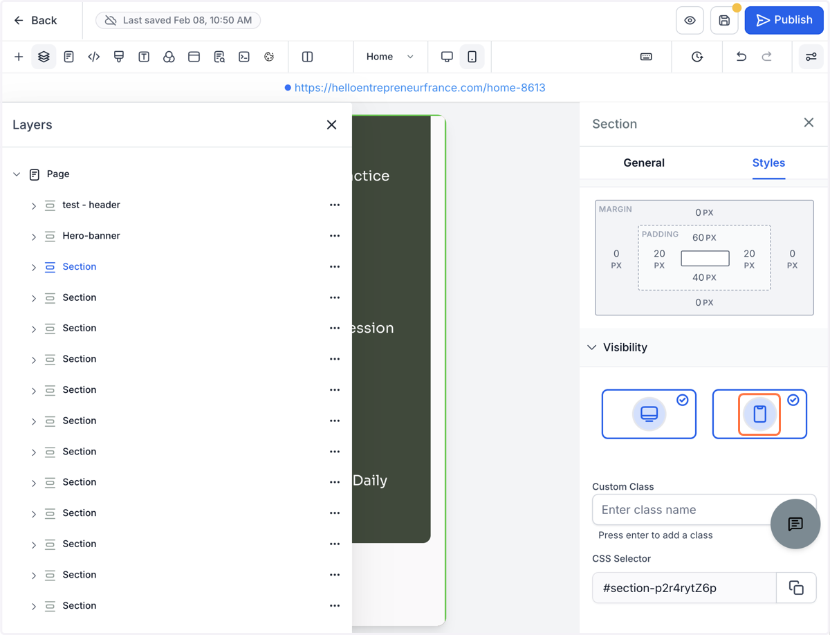 Indstil synlighed (desktop vs. mobil) under fanen "Styles"