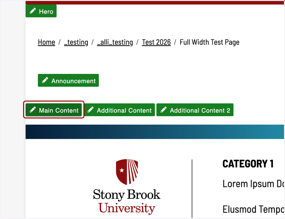 Modern Campus page editor with the Main Content region highlighted as the insertion point for a component.