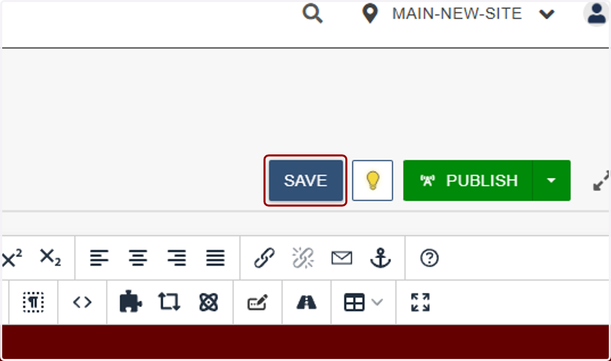 Editor header area with the main Save button highlighted for saving the page.