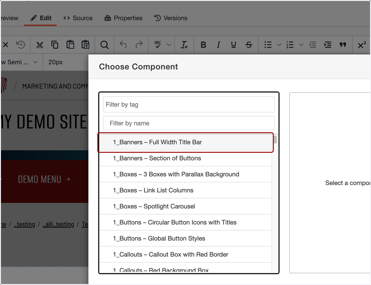 Insert Component panel showing “1_Banners – Full Width Title Bar” selected with a preview pane visible on the right.