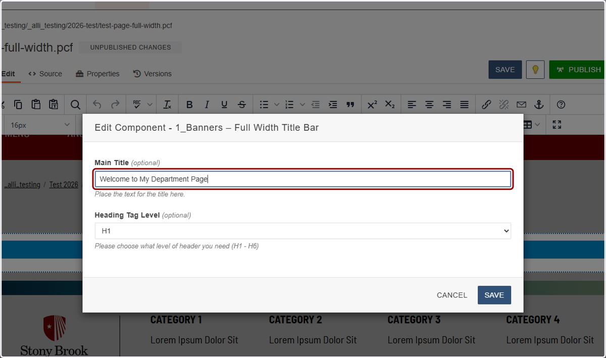 Component configuration form with the Main Title field highlighted for entering the title bar text.