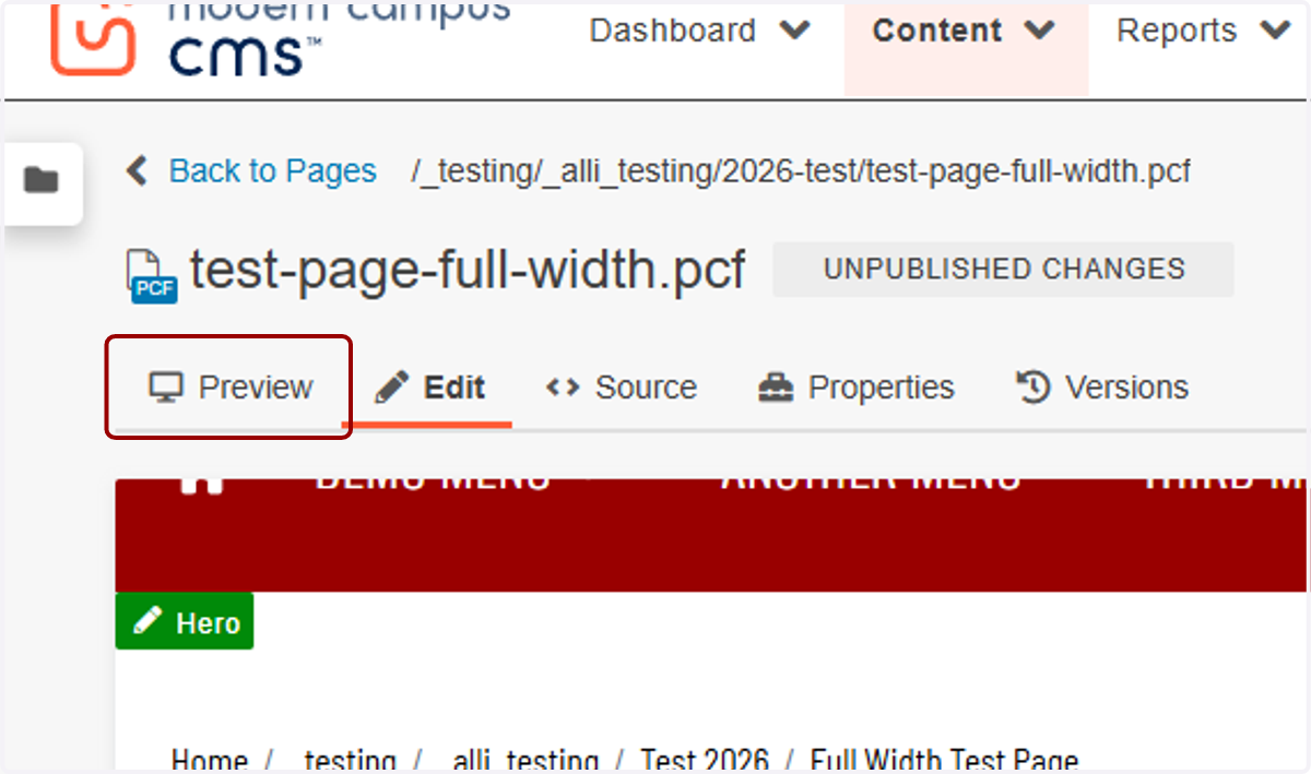 Editor header area with the Preview tab highlighted to review the title bar on the page.