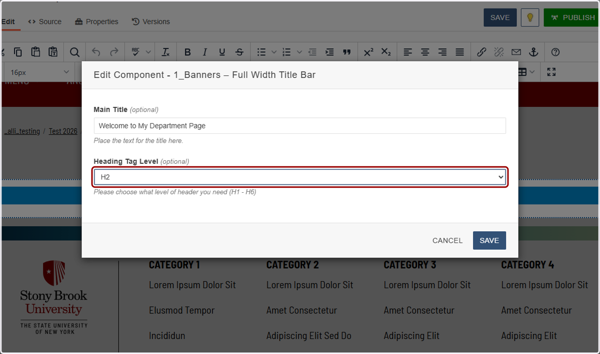 Main Title heading level selector highlighted, with options such as H1 and H2 available.