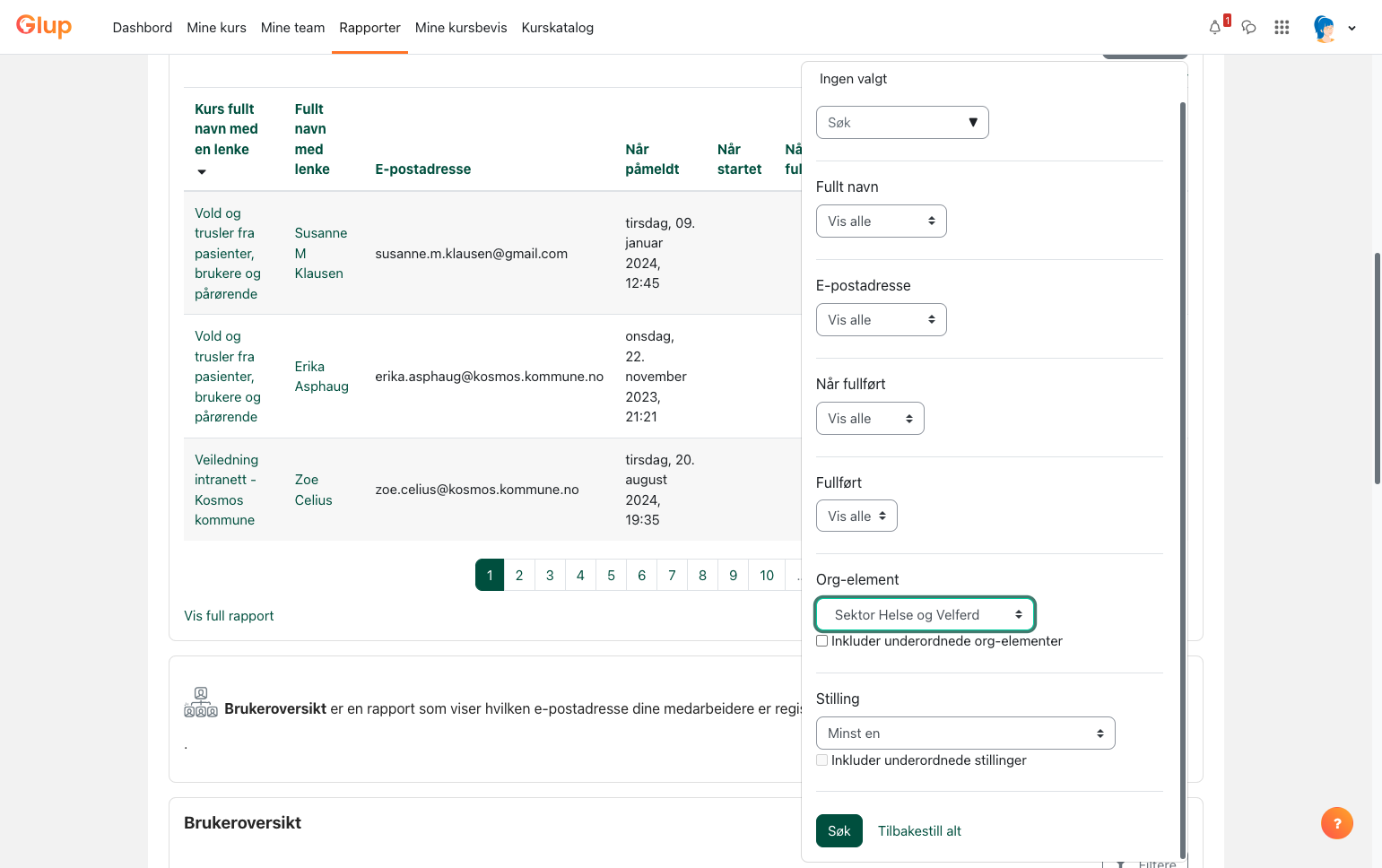 Klikk på rullgardinen under Org-element hvis du vil filtrere på avdelinger i virksomheten som du er satt som leder for.