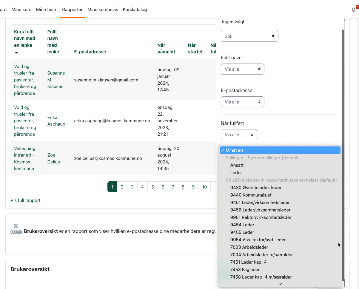 Du kan også sortere etter etter en spesifikk stilling, eller ansatt/leder