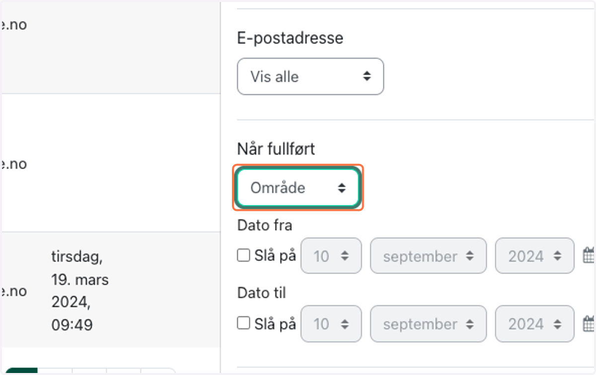 Hvis du vil se hvilke ansatte som har fullført kurs på en spesifikk dato, eller et mellom spesifikke datoer velger du Område under "Når fullført" i filterboksen