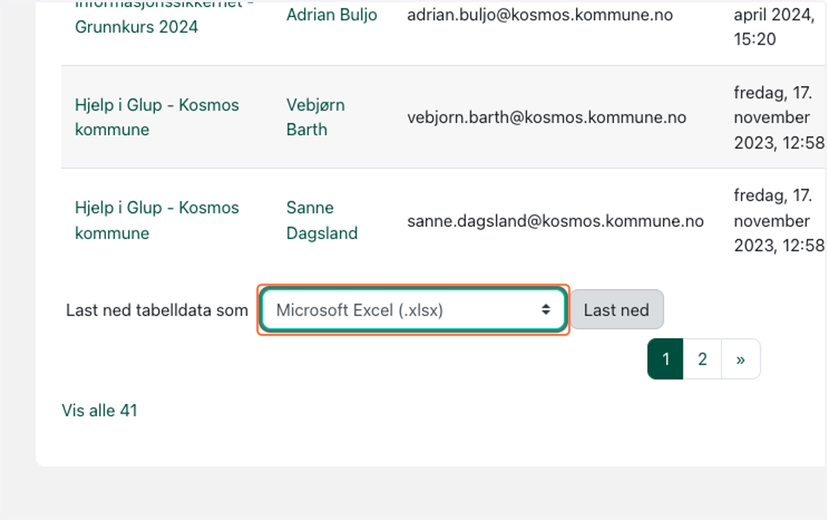 Bla deg nelt ned og velg Microsoft Excel (.xlsx) from Last ned tabelldata som