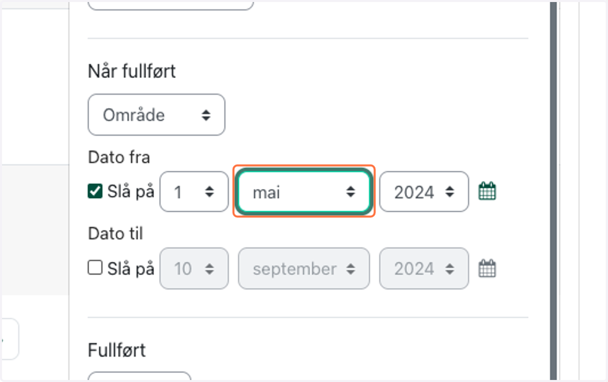 I dette eksempelet vil leder sjekke hvem som har fullført kurs i tidsperioden fra 1. mai 2024