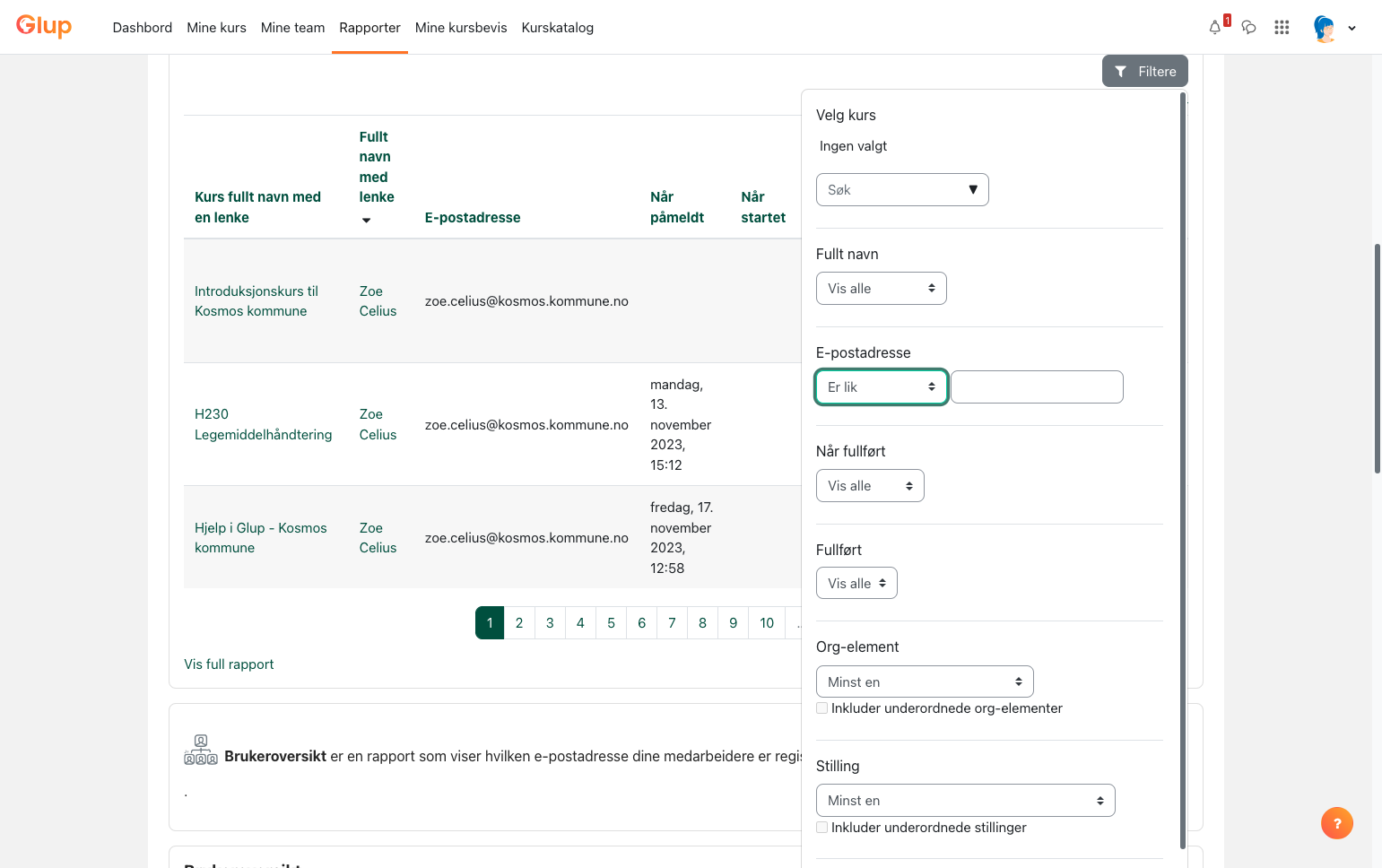 For å søke etter en spesifikk e-postadresse velger du "Er lik" i rullgardinmenyen