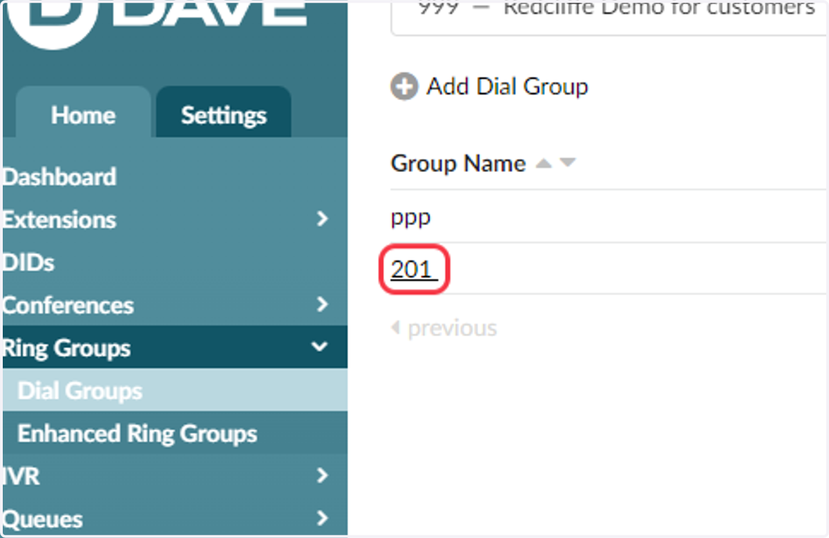 Select the ring group that the main number points to